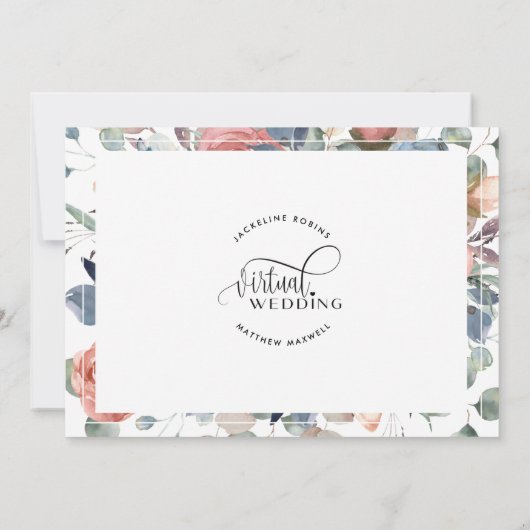 Online Virtual Wedding Dusty Blue und Blush Bloral Save The Date (Rückseite)