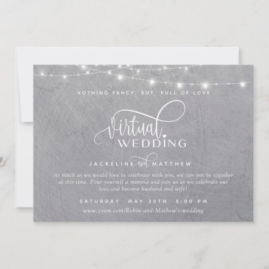 Online Virtual Wedding Gray Silver, String Lights Save The Date (Vorderseite)