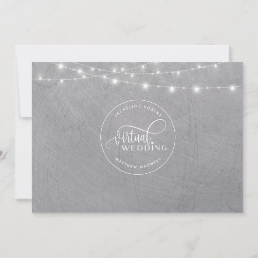 Online Virtual Wedding Gray Silver, String Lights Save The Date (Rückseite)