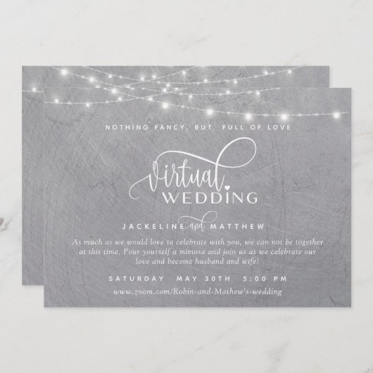 Online Virtual Wedding Gray Silver, String Lights Save The Date (Vorne/Hinten)