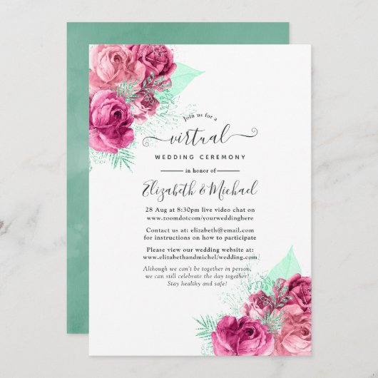 Online Virtual Wedding in Pink und Mint Floral Einladung (Vorne/Hinten)