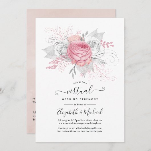 Online Virtual Wedding in Rosa, Silber und Weiß Einladung (Vorne/Hinten)