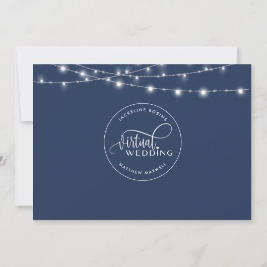 Online Virtual Wedding Navy Blue, String Lights Save The Date (Rückseite)