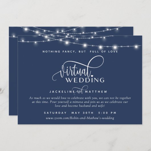 Online Virtual Wedding Navy Blue, String Lights Save The Date (Vorne/Hinten)