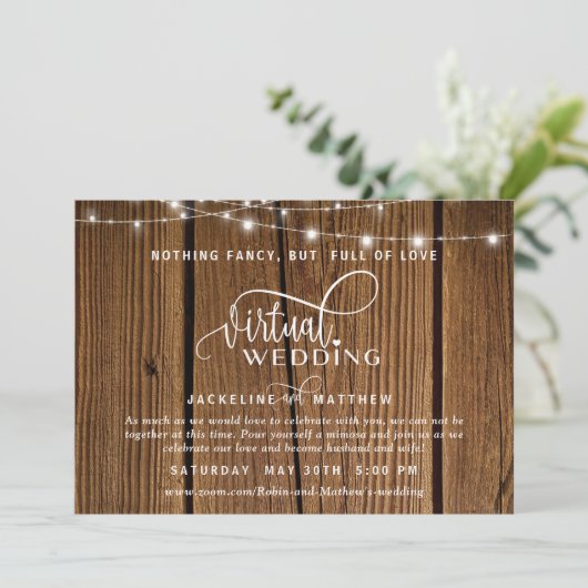 Online Virtual Wedding Rustic Wood, String Lights Save The Date (Stehend Vorderseite)