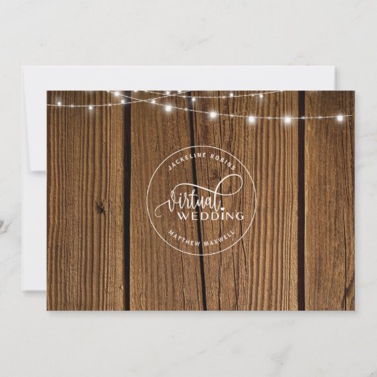 Online Virtual Wedding Rustic Wood, String Lights Save The Date (Rückseite)