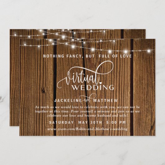 Online Virtual Wedding Rustic Wood, String Lights Save The Date (Vorne/Hinten)