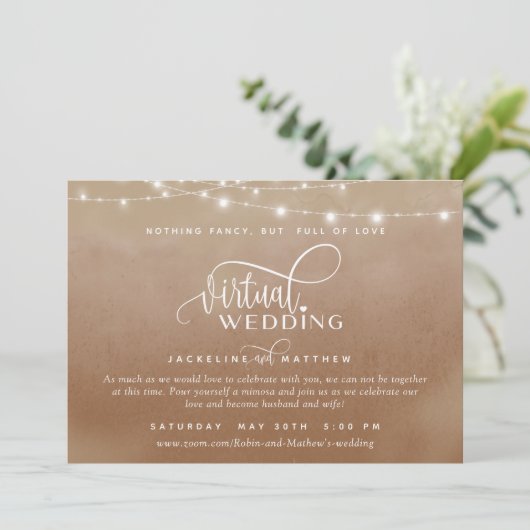 Online Virtual Wedding Terracotta, String Lights Save The Date (Stehend Vorderseite)