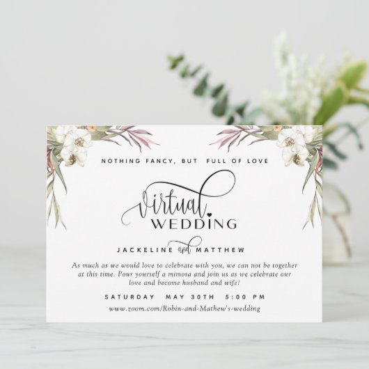 Online Virtual Wedding Tropical Palm Blätter flora Save The Date (Stehend Vorderseite)