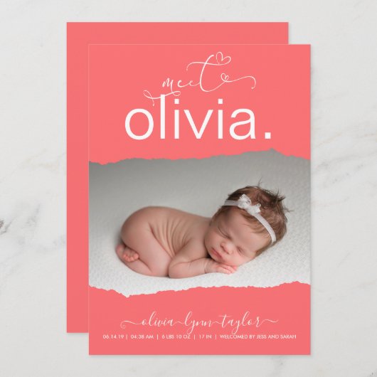 OnTrend CORAL Foto Torn Paper Birth Ankündigung (Vorne/Hinten)