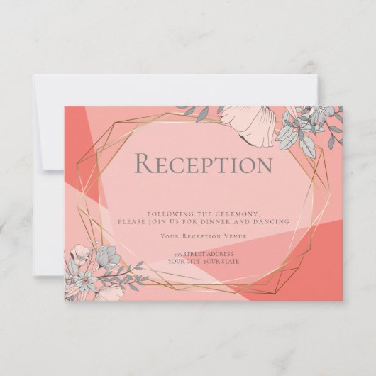 OnTrend Wedding Reception Coral Floral Gold Rahmen Einladung (Vorderseite)