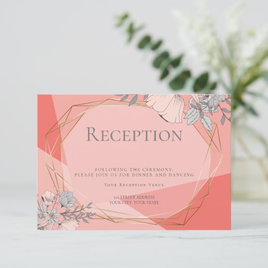 OnTrend Wedding Reception Coral Floral Gold Rahmen Einladung (Stehend Vorderseite)