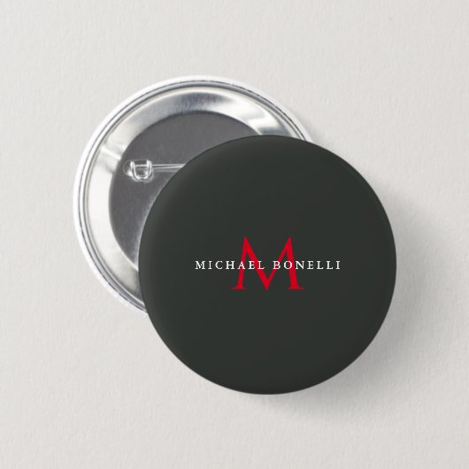 Onyx Black Red Monogram Modern Minimalistisch Button (Vorne & Hinten)