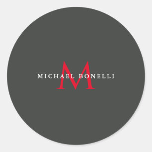 Onyx Black Red Monogram Modern Minimalistisch Runder Aufkleber