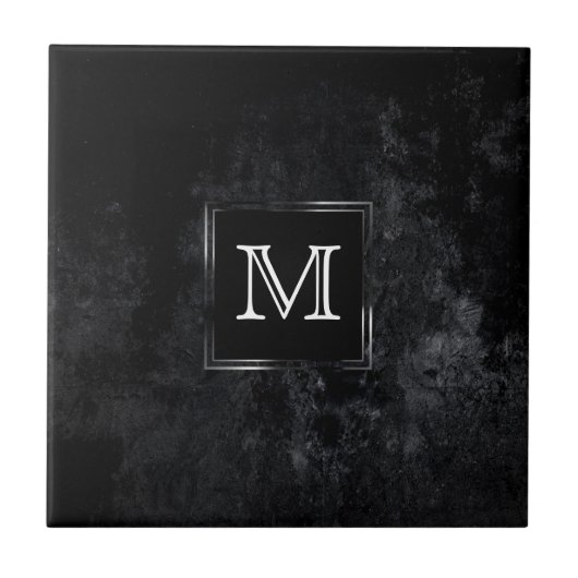 Onyx Black Velvet | Chalkboard Grunge Monogram Fliese (Vorderseite)