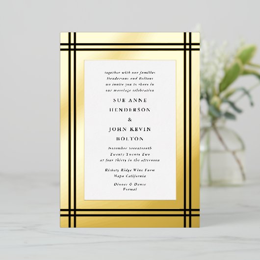 Onyx Border | Yellow Real Gold Frame Wedding Folieneinladung (Stehend vorne)