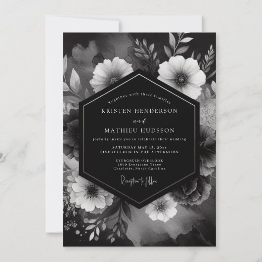 Onyx Floral Noir Hochzeit Einladung (Vorderseite)