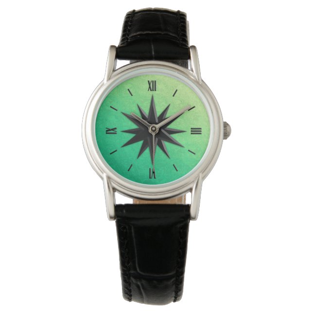 Onyx Kompass-Rose - Hintergrund aus Perdot-Grün Armbanduhr (Vorderseite)