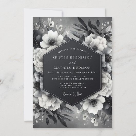 Onyx Luminous Flora Wedding Einladung (Vorderseite)