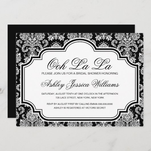 Ooh La Black and White Damask Brautparty Inv. Einladung (Vorne/Hinten)