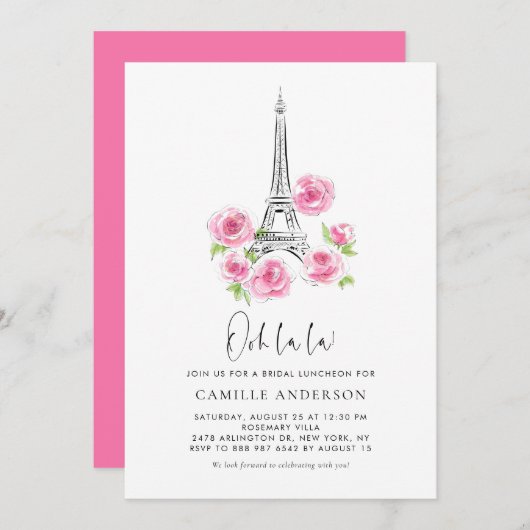 Ooh la Eiffel Tower Pink Floral Bridal Luncheon Einladung (Vorne/Hinten)