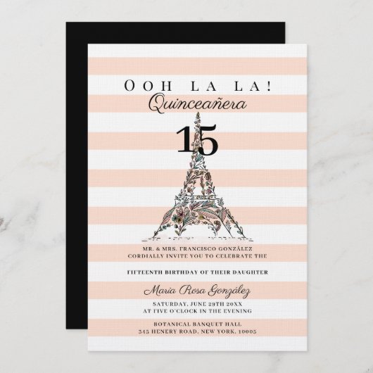 Ooh La Floral Eiffel Tower Paris Quinceañera Einladung (Vorne/Hinten)