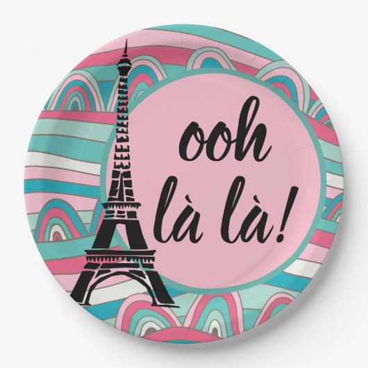Ooh la la la/ Monogram French Chic Eiffelturm Pappteller (Vorderseite)