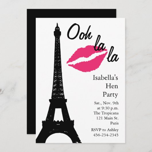 Ooh la la la! Party der Hühner (weiß) Einladung (Vorne/Hinten)