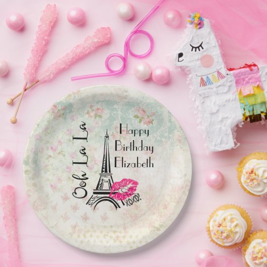 Ooh La Paris Eiffel Tower Happy Birthday Pappteller (Party)