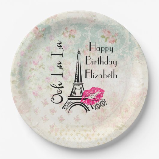 Ooh La Paris Eiffel Tower Happy Birthday Pappteller (Vorderseite)