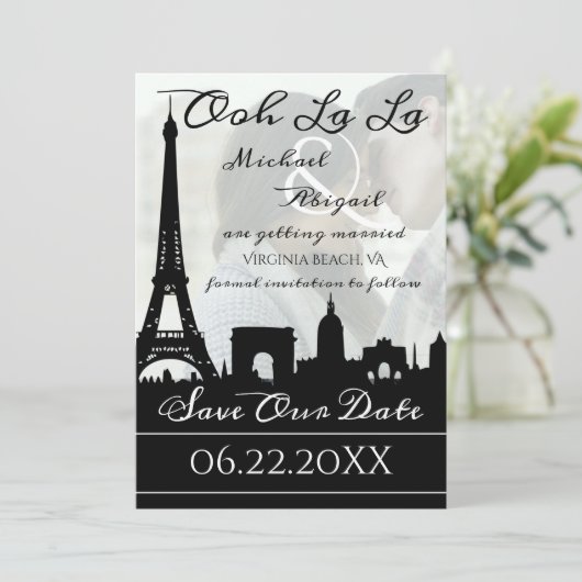 Ooh La Paris Skyline Custom Foto Save The Date (Stehend Vorderseite)