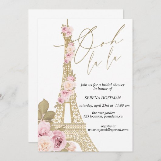 Ooh La, Paris thematisch, Brautparty, Eiffelturm Einladung (Vorne/Hinten)