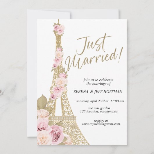 Ooh La, Paris theme, Just Married, Eiffelturm Einladung (Vorderseite)