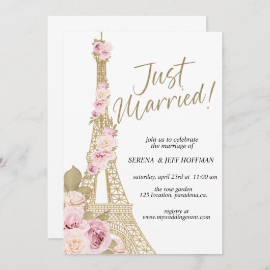 Ooh La, Paris theme, Just Married, Eiffelturm Einladung (Vorne/Hinten)