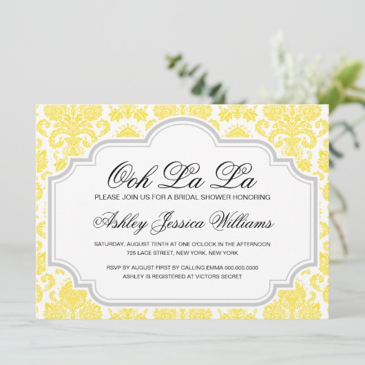 Ooh La Yellow Damask Bridal Dusche Einladungen (Stehend Vorderseite)