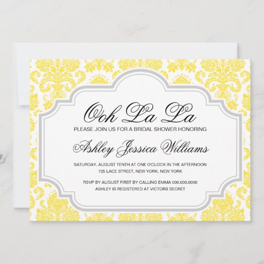 Ooh La Yellow Damask Bridal Dusche Einladungen (Vorderseite)