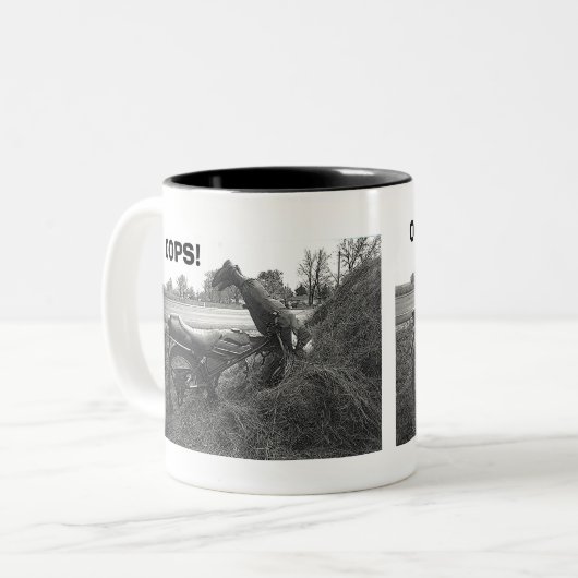 "OOPS! FUNNY FAKE MOTORBIKE ACCIDENT" TASSE (Vorderseite Links)