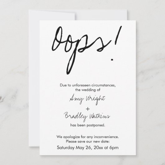"Oops!" Humorale vertagte Hochzeitsankündigung Einladung (Vorderseite)