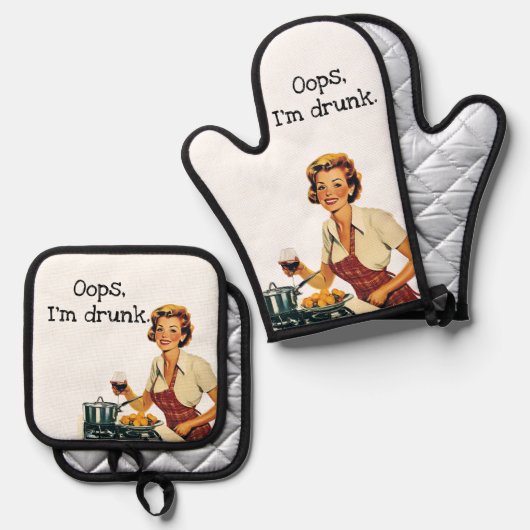 Oops ich bin Dunk Sarcastic Retro Hausfrau Ofenhandschuh & Topflappen-Set (Vorderseite/Rückseite)