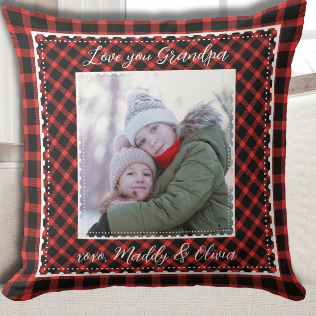 Opa Foto Kariert Weihnachten Kissen (Grandpa Red Buffalo Plaid Christmas Holiday Throw Pillow)