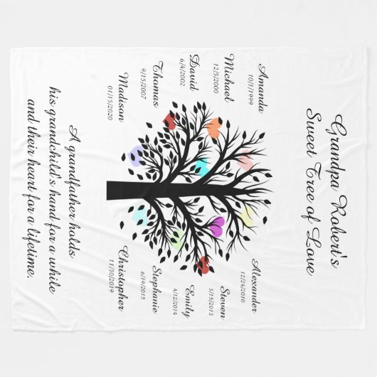 Opa Tree (Herzen) Schwarz/Weiß 10 Namen & Daten Fleecedecke (Vorderseite (Horizontal))