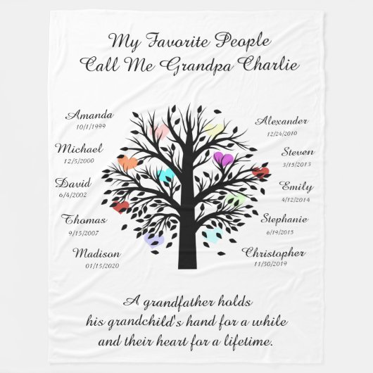 Opa Tree (Herzen) Schwarz/Weiß 10 Namen & Daten Fleecedecke (Vorderseite)