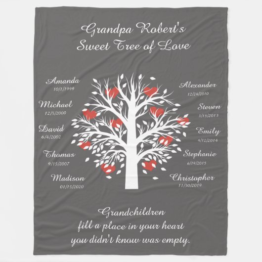 Opa Tree (Herzen), Weiß/Grau 10 Namen & Daten Fleecedecke (Vorderseite)