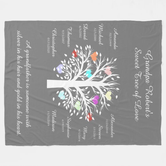 Opa Tree (Herzen), Weiß/Grau 10 Namen & Daten Fleecedecke (Vorderseite (Horizontal))