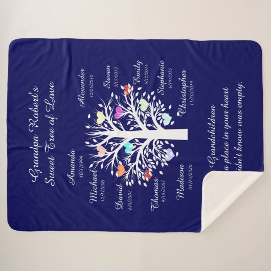 Opa Tree (Herzen) Weiß/Marine 10 Namen und Daten Sherpadecke (Vorderseite (Horizontal))