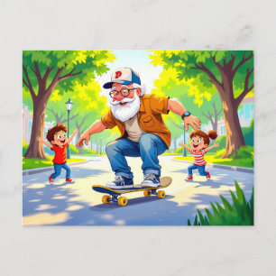 Opa übt Skateboardfahren mit Enkelsohn Feiertagspostkarte