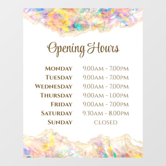 Opal Design Opening Hours Window Cling Fensteraufkleber (Blatt)