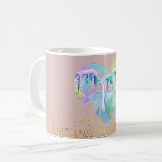 Opal Gemstone Herz mit holografischen Tropfen auf Kaffeetasse (Vorderseite Links)