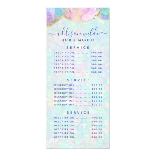 Opal Gemstone Pastel Modern Price List Rack Card Werbekarte (Hinten)