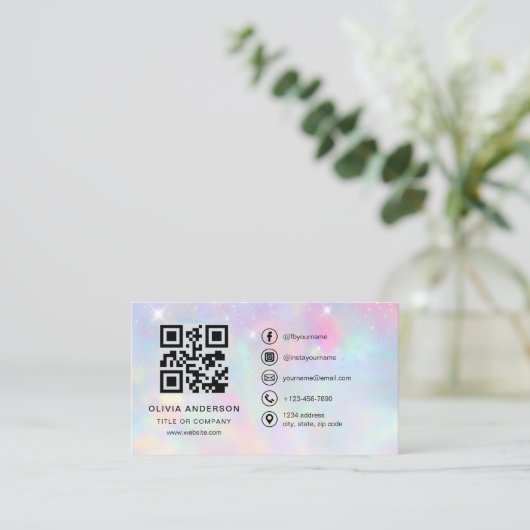 Opal Glitter Minimalist QR-Code Visitenkarte (Stehend Vorderseite)